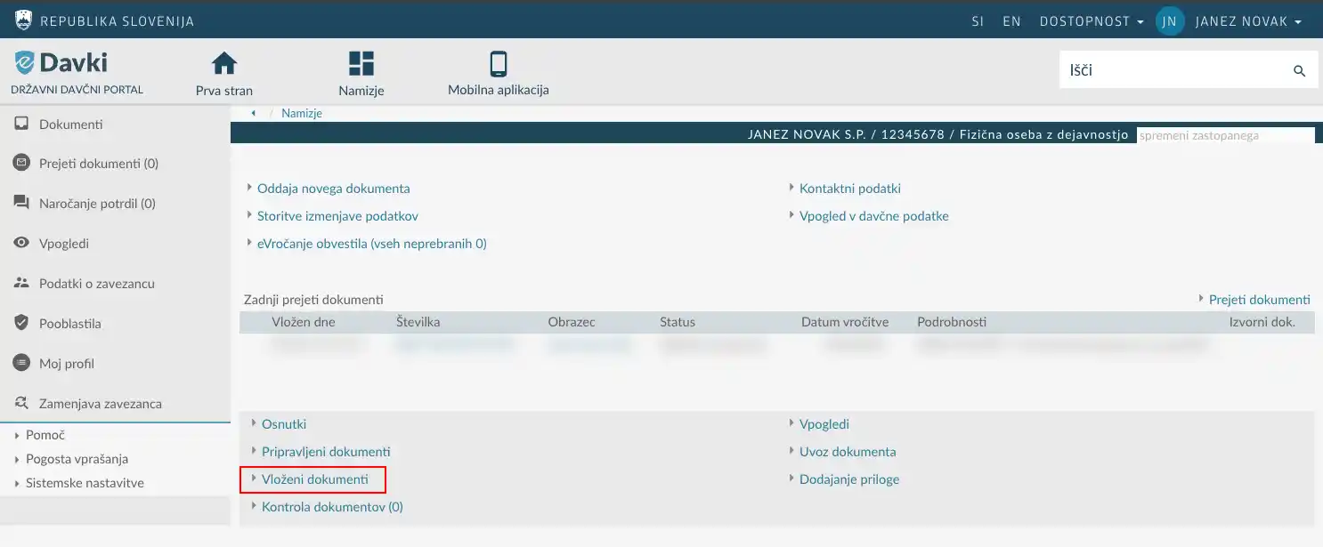 Meni v eDavkih z označenim razdelkom Vloženi dokumenti
