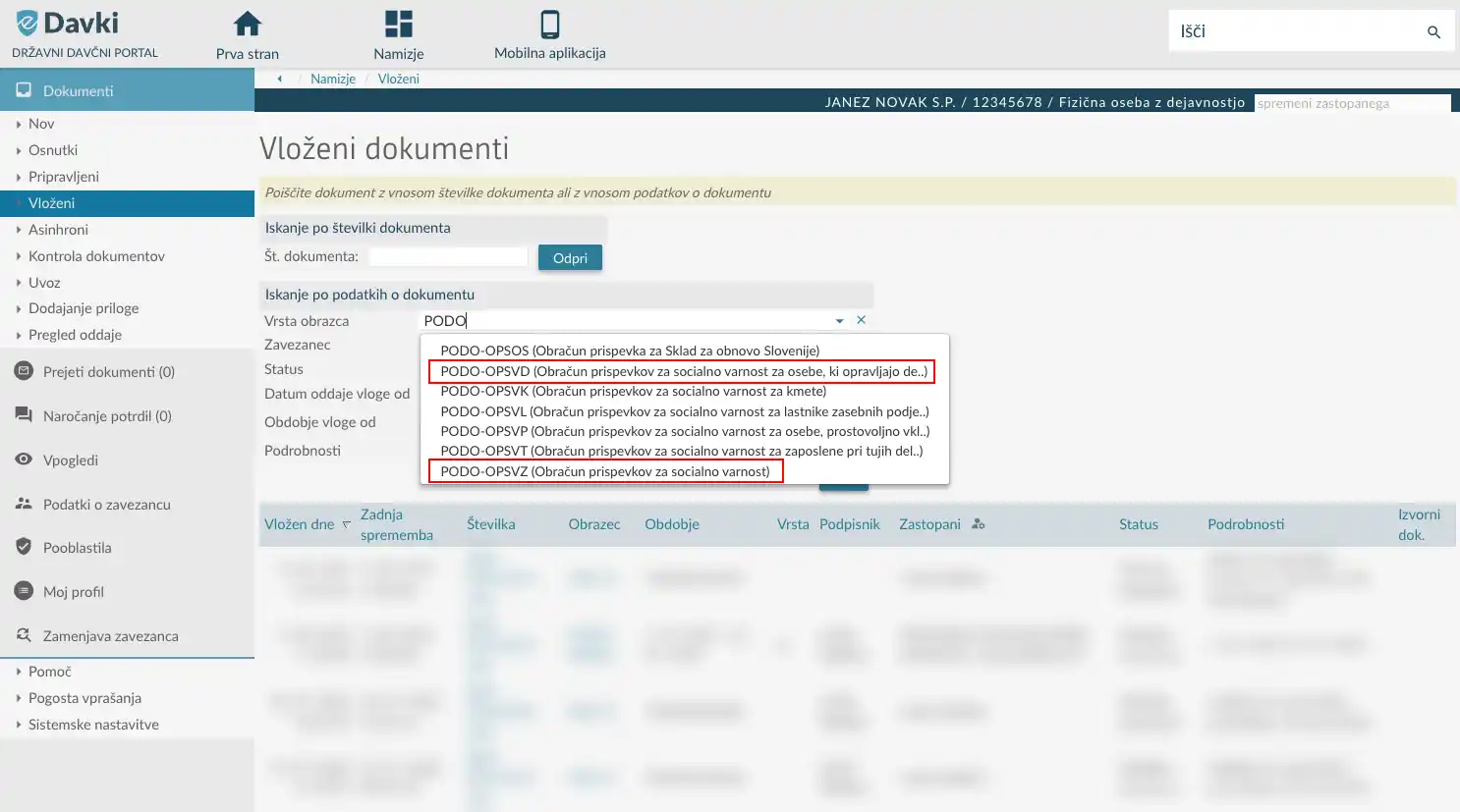 Spustni seznam z možnostmi PODO-OPSVD in PODO-OPSVZ