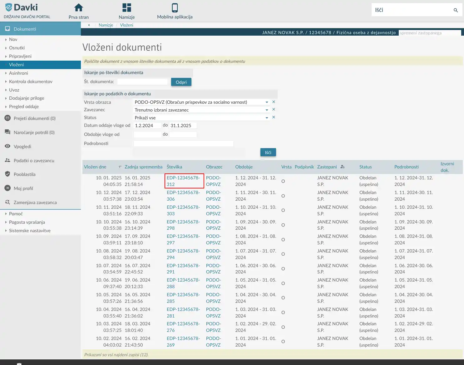 Tabela rezultatov z označeno številko dokumenta