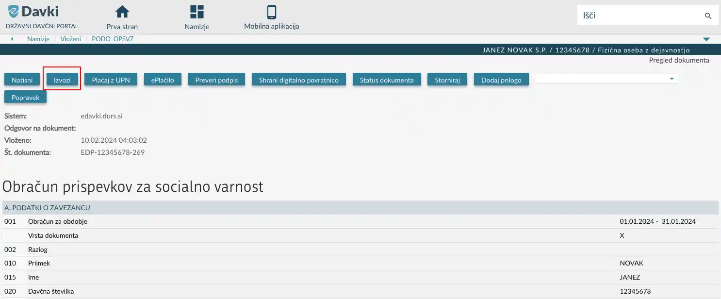 Gumbi v dokumentu z označenim gumbom Izvozi
