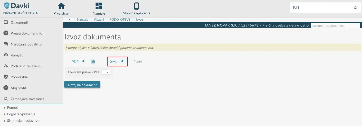 Stran Izvoz dokumenta z označeno možnostjo XML