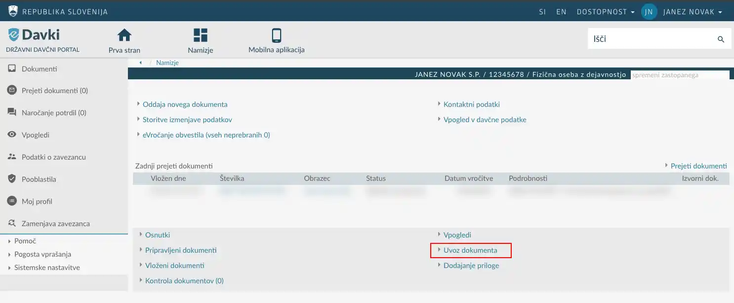 Povezava Uvoz dokumenta na namizju eDavkov