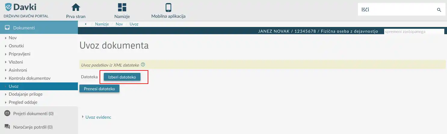 Gumb Izberi datoteko za uvoz XML