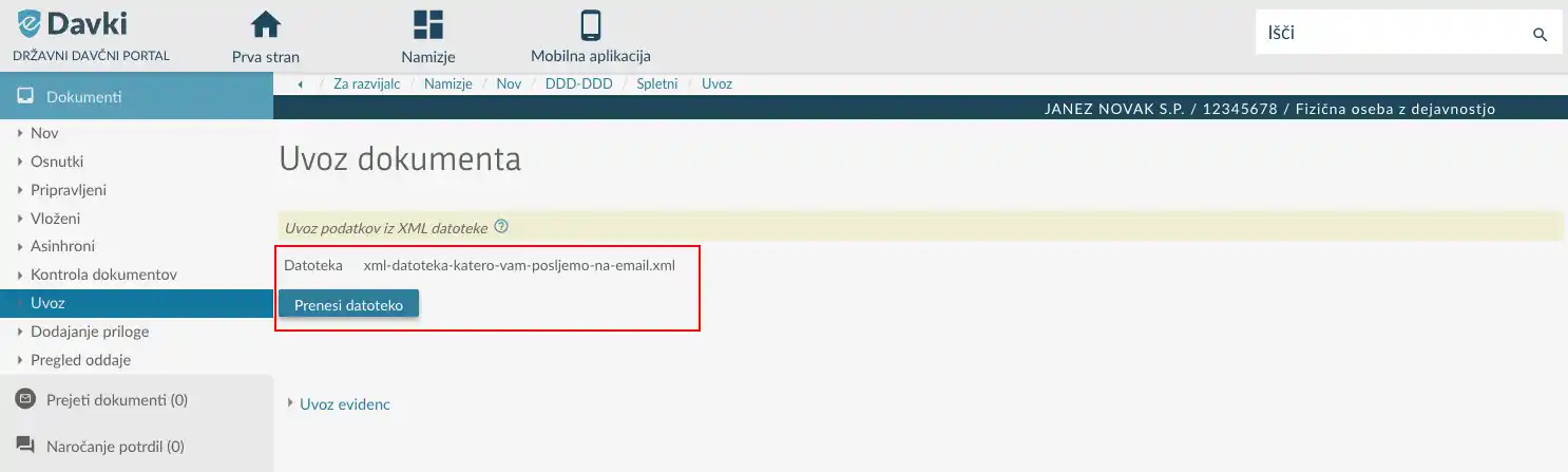Gumb Prenesi datoteko po izbiri XML
