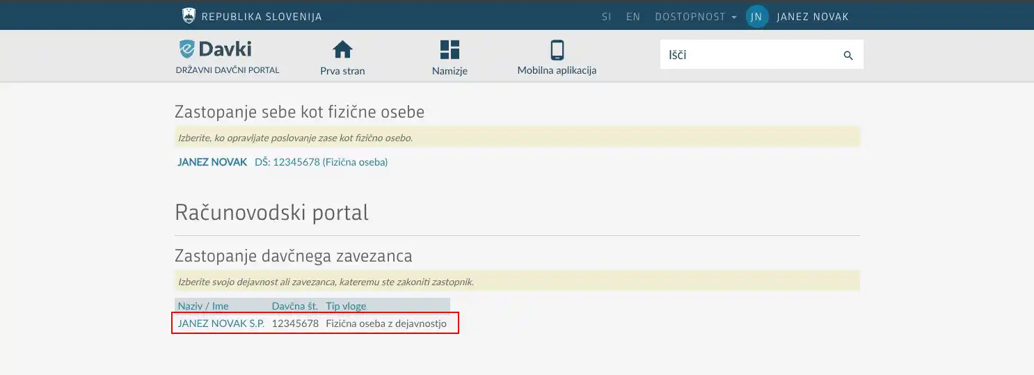 Izbira vloge – vstop v eDavke za s. p.